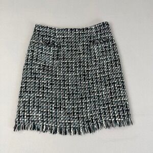 Ninety Women Tweed Mini Skirt Black Teal white Fringed Hem Size 4 Made in Canada